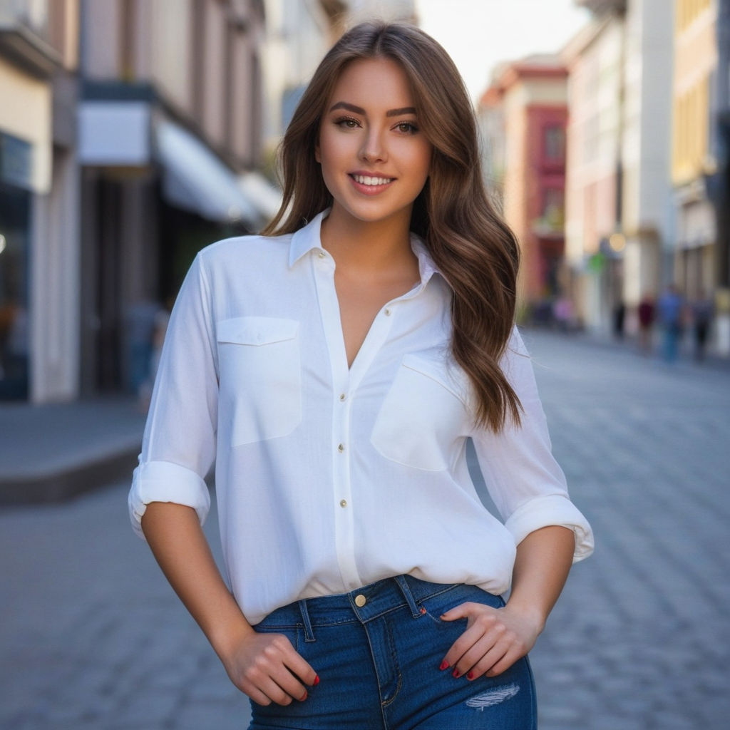 Young positive curly beautiful girl wearing jeans and shirt posing and  smiling Stock Photo - Alamy