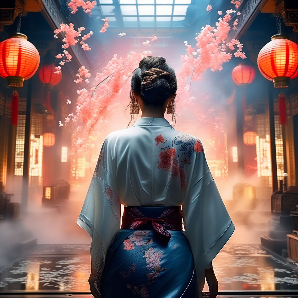 A beautiful young Japanese Geisha girl in purple kimono standing at the  stairs of an ancient temple is looking at the pond with koi fishes.  Intricate light - Playground