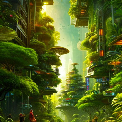 Painting of solarpunk city, futuristic, lush vegetation, ambient 