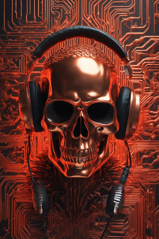 flaming skull with headphones