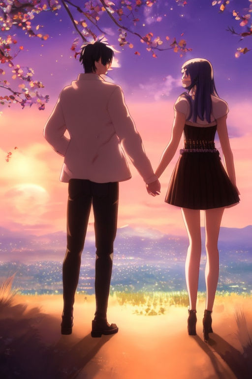prompthunt a man and a woman holding hands under a beautiful sun drawn  like the anime Your Name anime