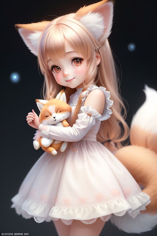 cute soft toy chibi fox girl in a cute dress  Playground AI