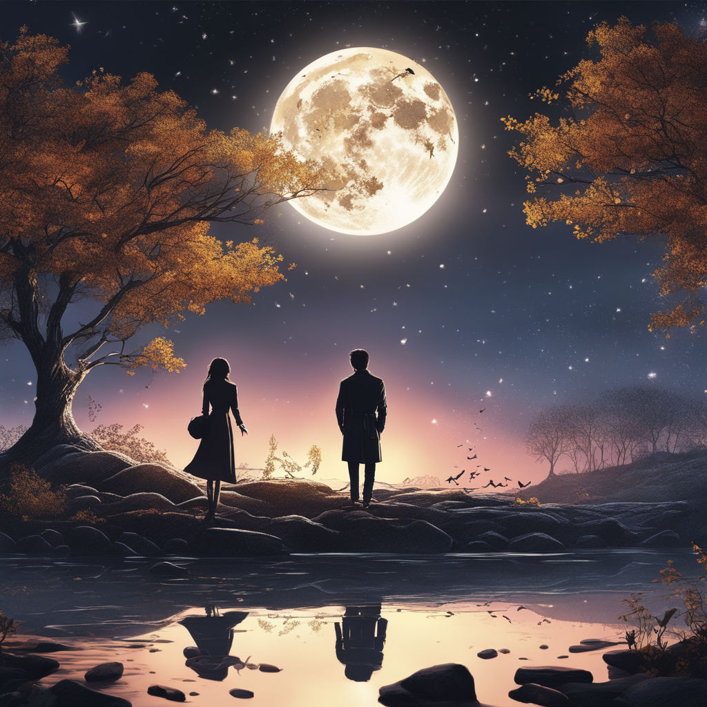 Romantic couple in love embrace in the moonlight Silhouettes of