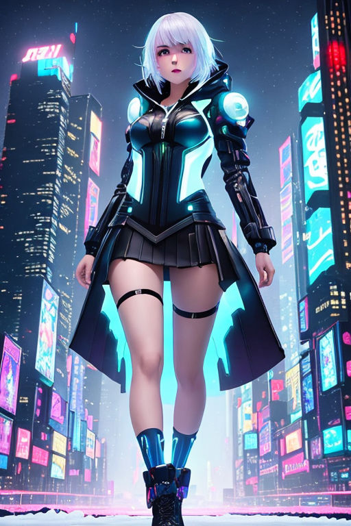 Cyberpunk anime characters with blue hair and neon glow