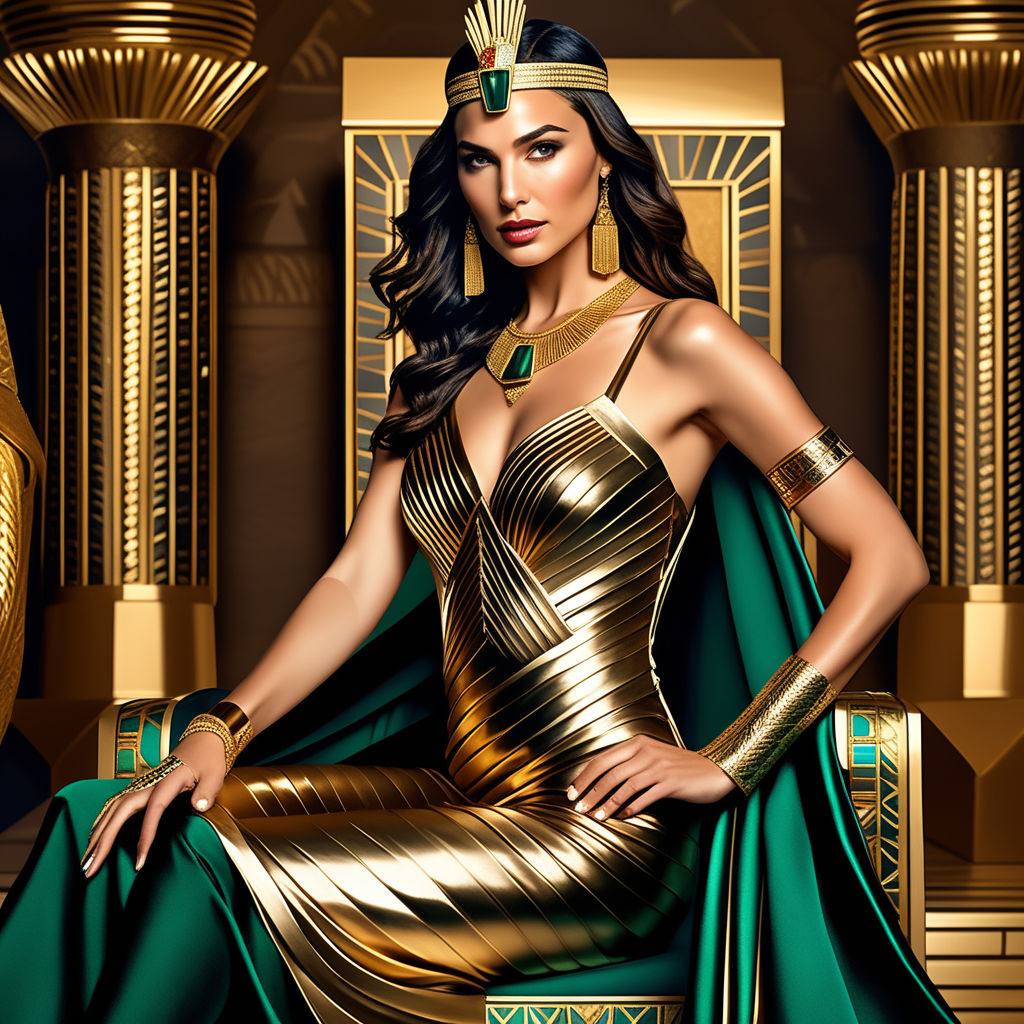 Prompt: Full body image of Gal Gadot as Queen Cleopatra wearing a gorgeous sexy royal strapless dress, Egyptian queen, head to toe, gold cuff bracelets, necklace with emerald and gold, throne, crown, powerful, short hair, an ultra hd detailed, naked, full body structure, photorealistic digital art, intricately detailed beautiful face, photorealistic, photorealism, greg rutkowski, trending on artstation, studio lighting, detailed skin, ultra realistic, bokeh, sharp features, sf, intricate artwork masterpiece, ominous, golden ratio, trending on cgsociety, intricate, epic, trending on artstation, by artgerm, h. r. giger and beksinski, highly detailed, vibrant, production cinematic character render, ultra high quality model, perfect composition, beautiful detailed intricate insanely detailed octane render trending on artstation, 8 k artistic photography, photorealistic concept art, soft natural volumetric cinematic perfect light, chiaroscuro, award - winning photograph, masterpiece, oil on canvas, raphael, caravaggio, greg rutkowski, beeple, beksinski, giger