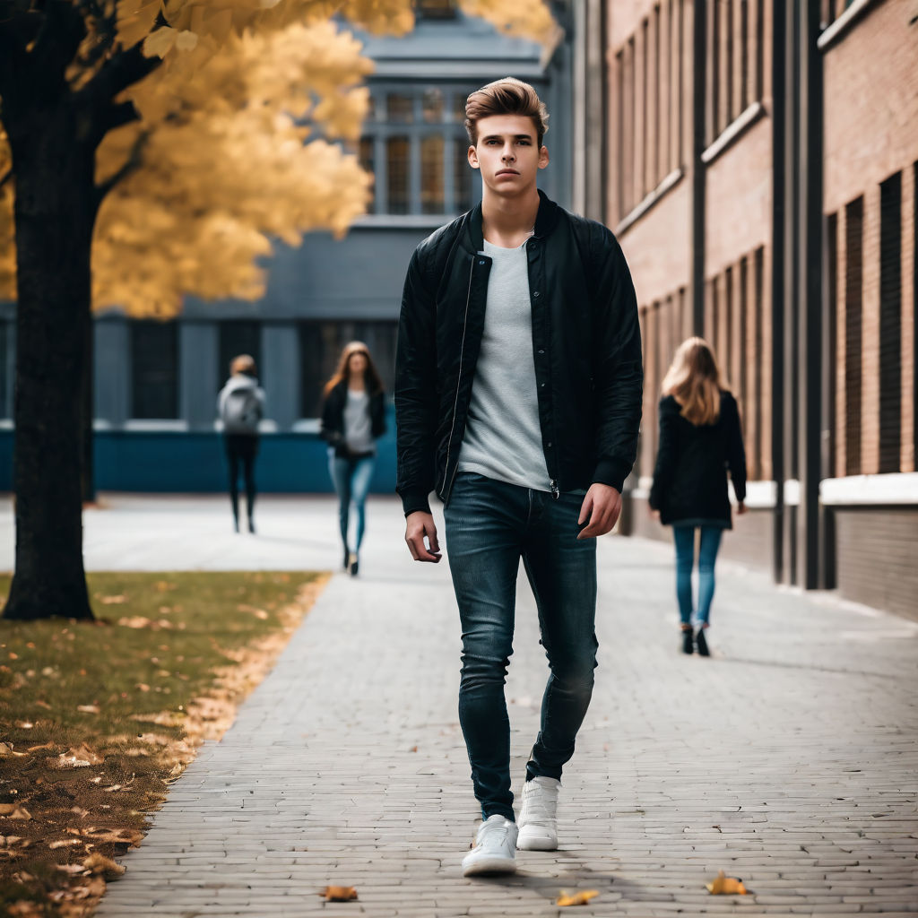 front view of a man walking on the sidewalk of a new york street with other  people at dawn. dynamic pose