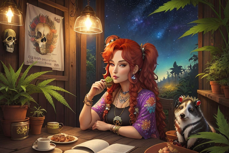 red-haired woman and wild wolf near a mystical sage plant on a table  expanding to a crystal that heals the universe with love and harmony in a  magical forest - Playground