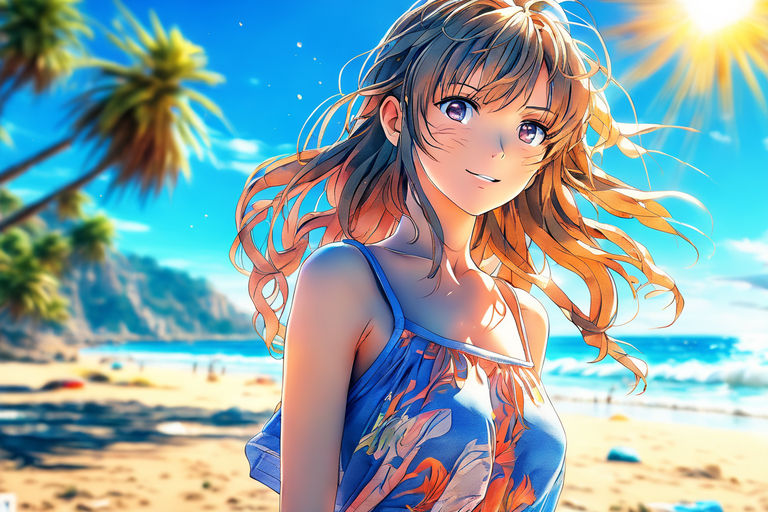 Anime,beach,rear view, brownskin, cute girl,black pig tails,blue... -  Arthub.ai