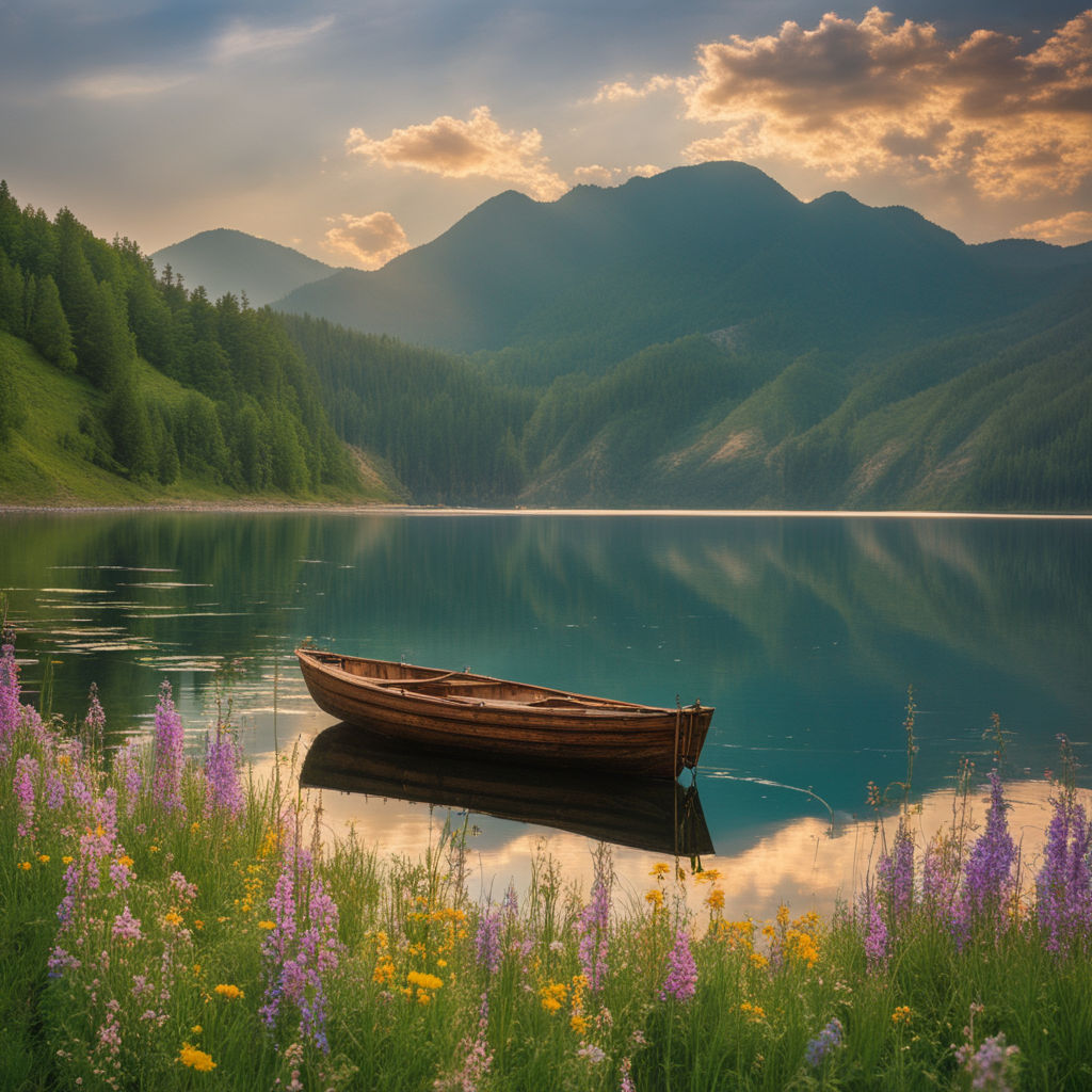 Tranquil Lake Scene: Fishing Boat Amidst Picturesque Backdrop. AI