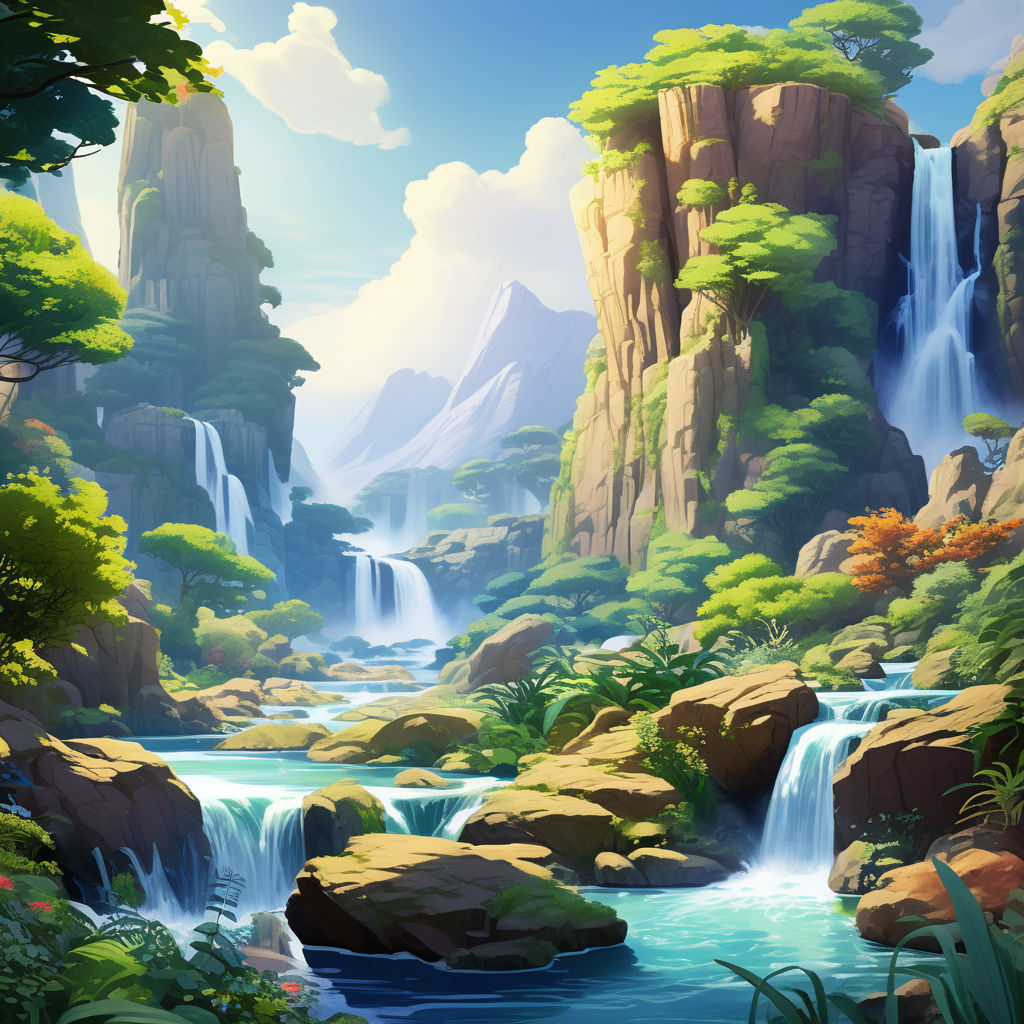 prompthunt: anime - style illustration of waterfall cascading onto rocks,  small rainbow emerging in background, ethereal, beautiful scenery,  intricately meticulously detailed, amazing, glitter, 8 k render octane high  definition