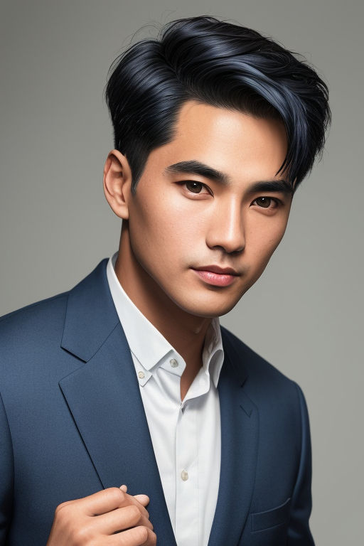 Portrait Of A Young Handsome Asian Man With Blue Eyes And Dark