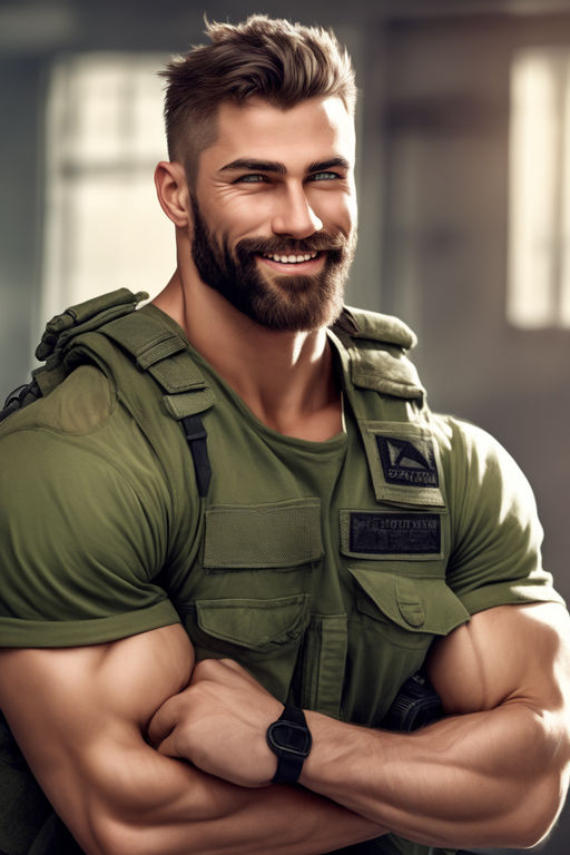 cinematic portrait of a handsome extremely muscular superhero soldier with  a buzzcut wearing a green beret - Playground