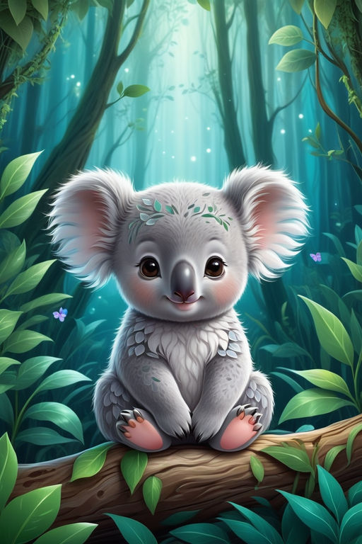 koala eats eucalyptus. fluffy koala fur and expressive eyes create a  touching image. Forest detailed background. 32K - Playground