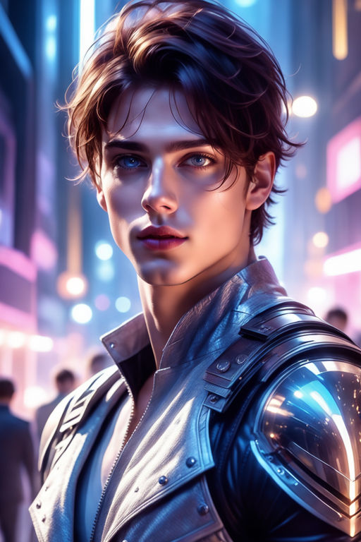 his electric blue eyes full of determination. He carries a high-tech gadget  in his hand that looks like a combination of a smartphone and a holographic  projector. - Playground
