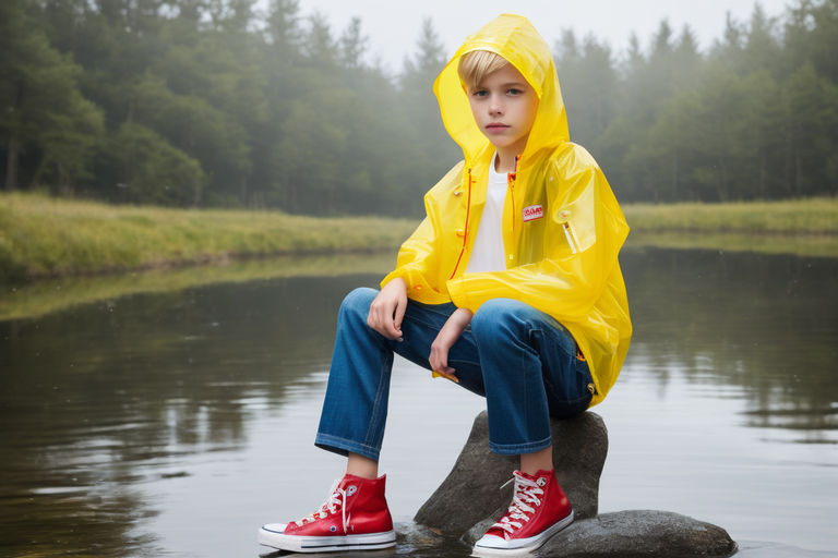 an elementary school boy in a raincoat - Playground