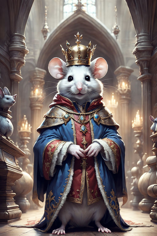 Medieval painting, realistic grey rat wearing a crown