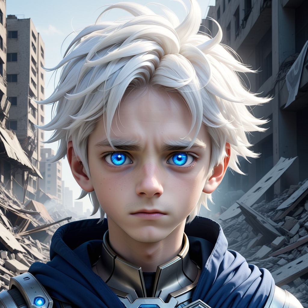 An teenage anime boy with white frosty hair, glowing blue eyes, a