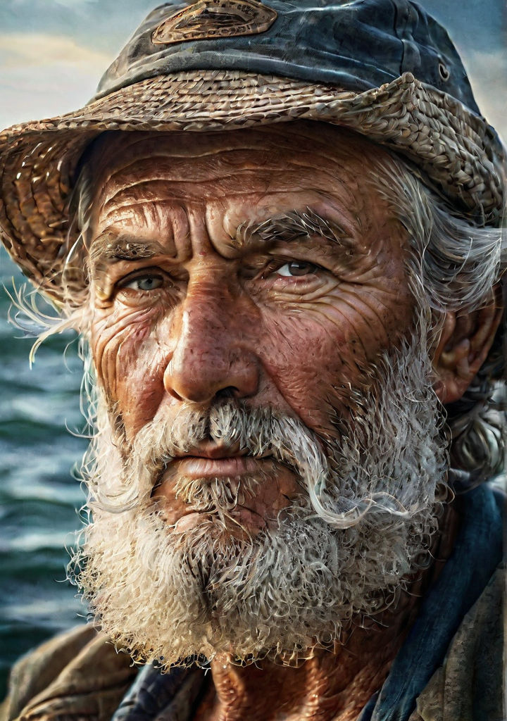 An old beared fisherman in beat up overalls wearing a fishing hat on Craiyon