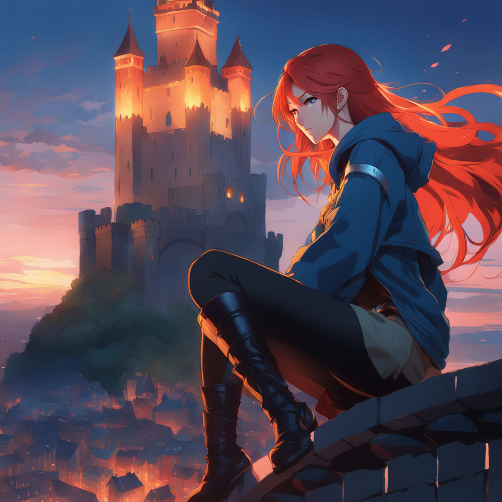 Red Hair Anime Girl sitting on skys - OpenDream