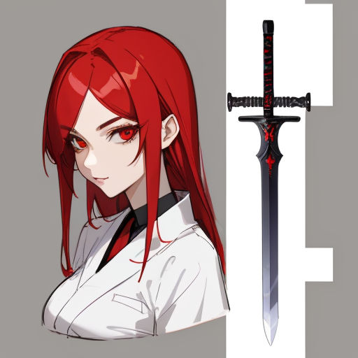 anime girl with red hair and red eyes and sword