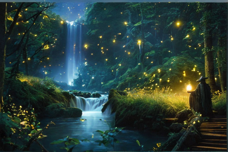 A mystical forest with blue fireflies, glowing flower beds in late