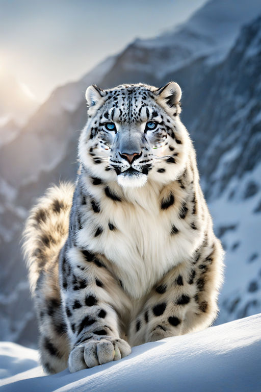 A 4K ultra HD mobile wallpaper depicting a graceful and elusive Snow  Leopard, with its thick fur and piercing blue eyes, perched on a rocky  ledge against the backdrop of a snow-capped