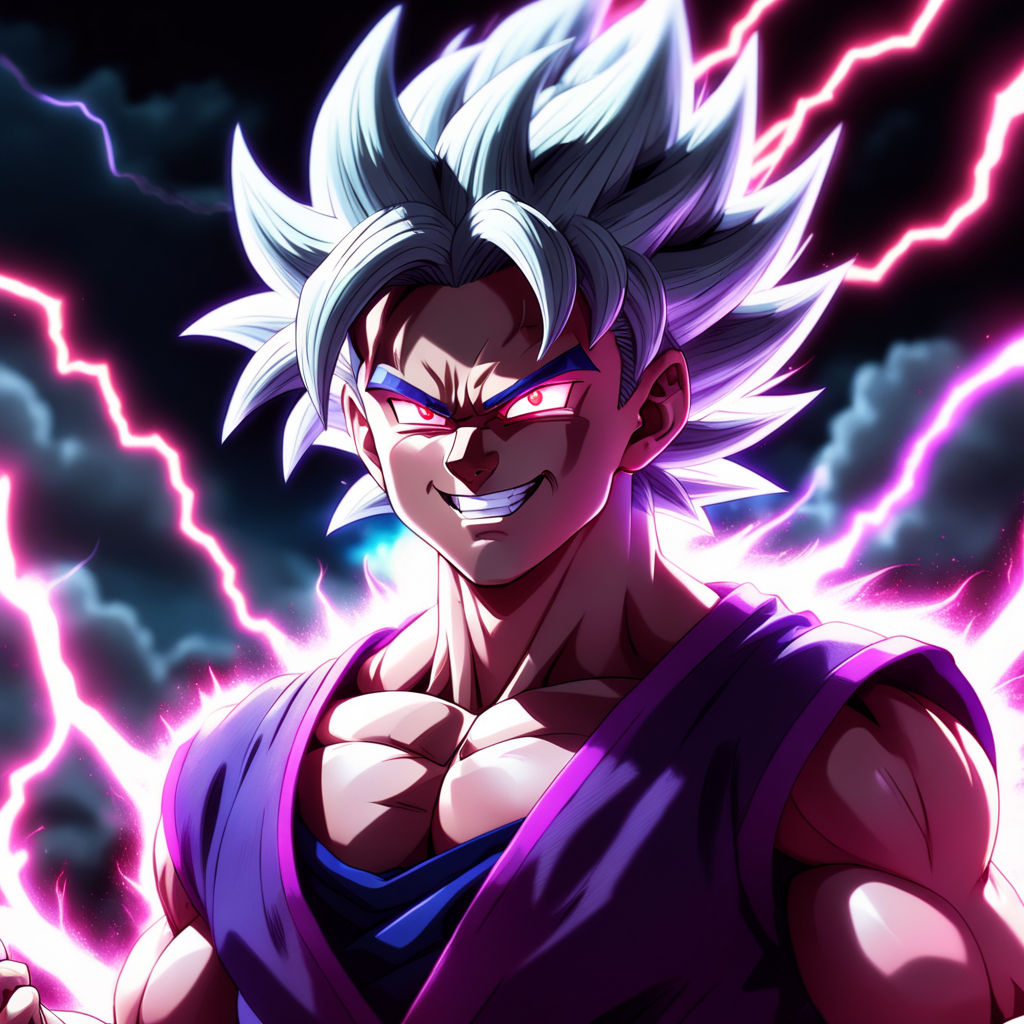 Gogeta ssj5 with purple and silver hair and ultra ego marks on his