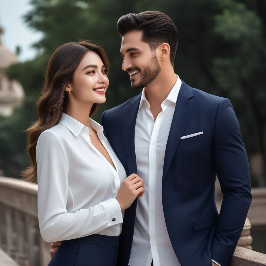 Man and woman standing in full growth in formal clothes. Couple in