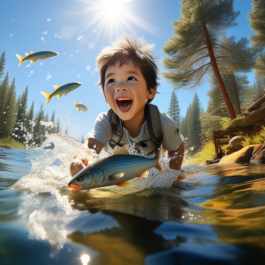 and the child holds in his hand a fishing rod with a beautiful