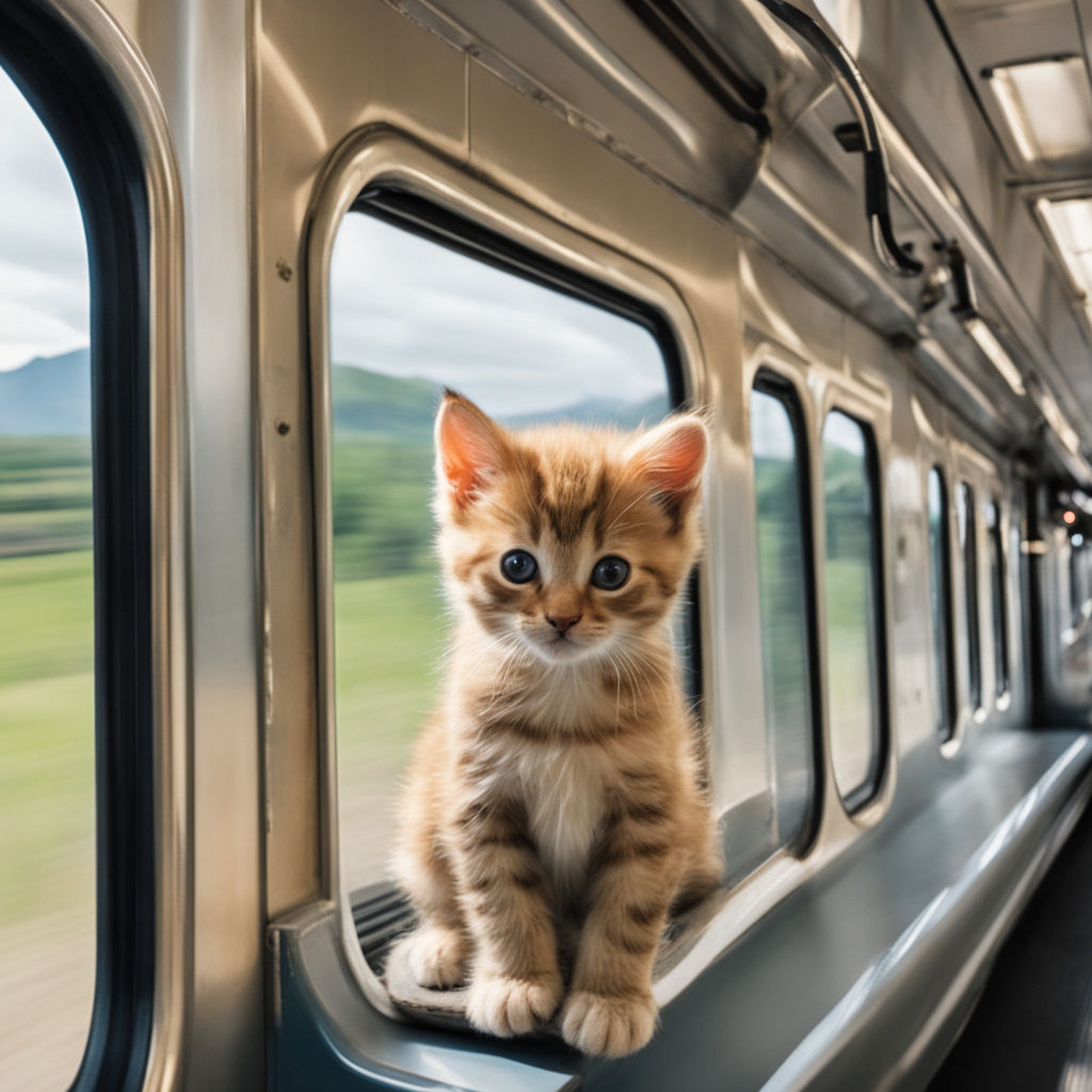 cat riding a train