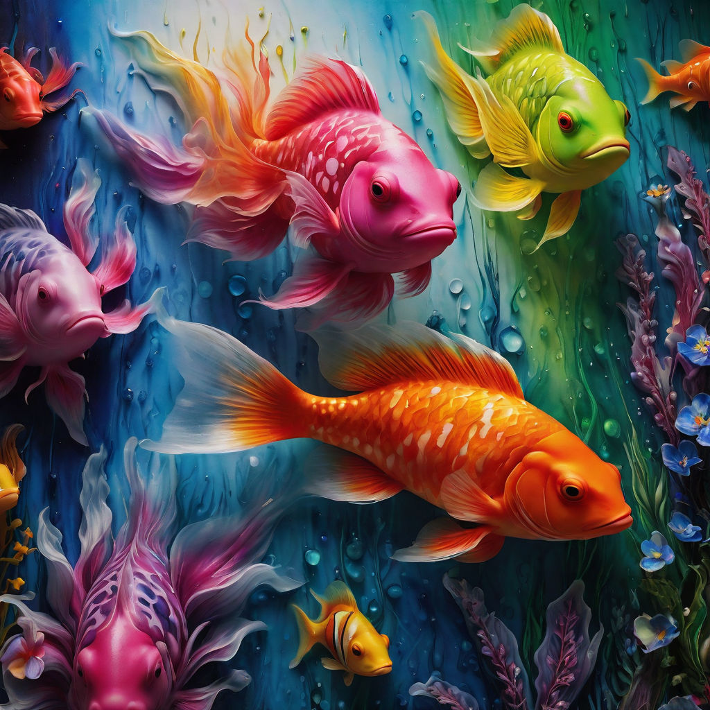 Goldfish Art Collage Freshwater Fish Aquarium Koi Pond Tropical Paradise  Painting, Wall Art Hidden Image Eye Spy 