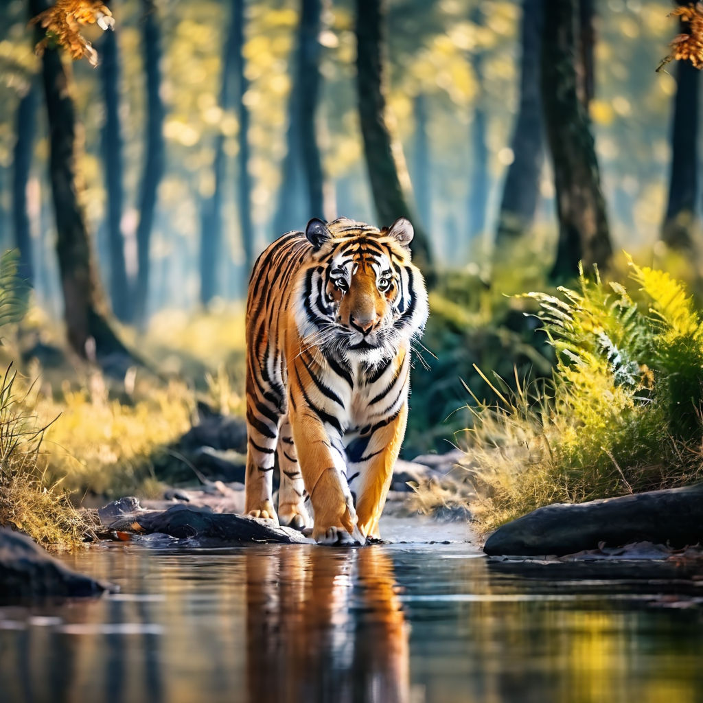 Tiger lowering its head to sip water from a serene river - Playground