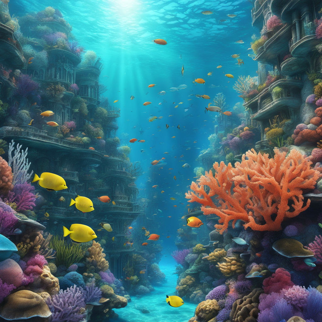 underwater neon coral reef landscape magical realism