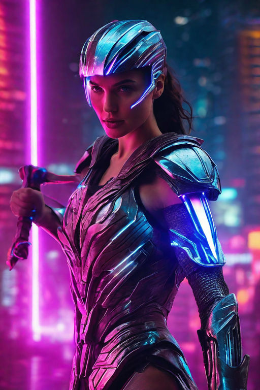 Prompt: gal gadot as cyberpunk gladiator, futuristic glowing armor, Holographic projection helmet, plasma sword, energy shield,  neon lit high contrast photo, futuristic matte painting, neon pastel tones, muted colours, ultra realistic, photo realistic, cinematic --ar 9:16
