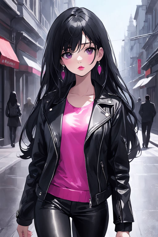 pink anime girl with black hair and eyes