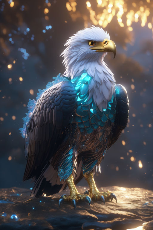 A mythical and majestic pokemon whose appearance is inspired by the bald  eagle, but with elements specific to lucario. it has white, feather-like  feathers on its head, resembling a crown, and glowing