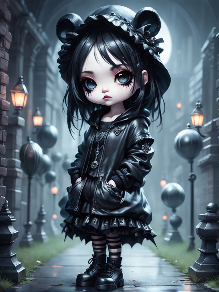 Cherry - Elegant Gothic Lolita EGL Girl with Creepy Pet Rag Doll Rabbit Big  Eyes Gothic Art Print