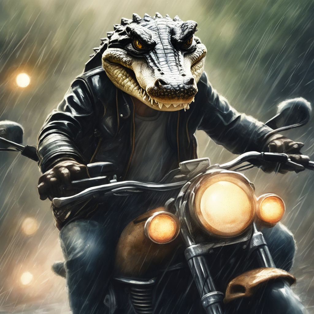 Cool Cartoon Rider Crocodile Character on Chopper Motorbike