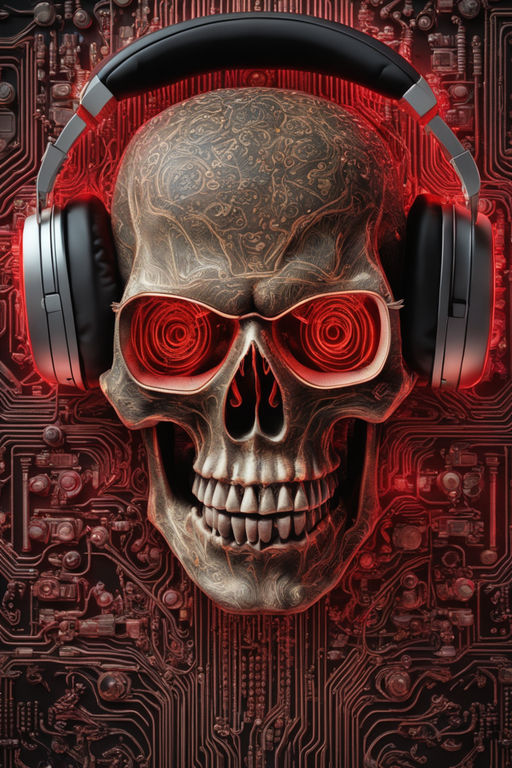 flaming skull with headphones