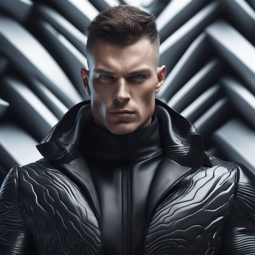 wearing a black latex futuristic suit with eye flowing minimalistic dragon  details - Playground