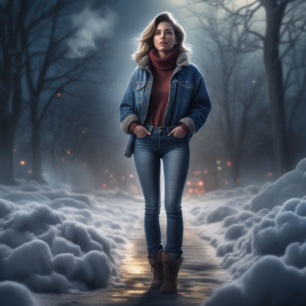 Portrait of young woman putting on blue coat walking in snowy