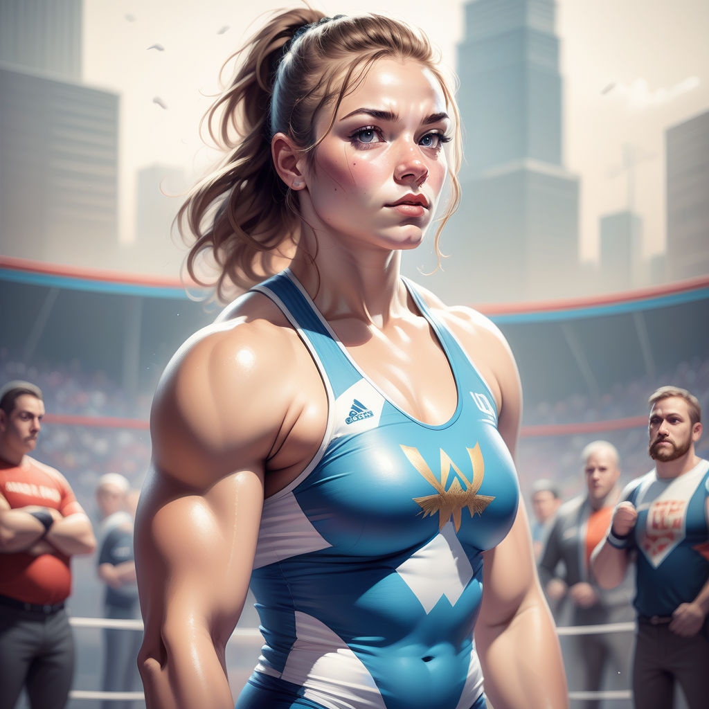 Photorealistic. muscle young wonderwoman. Female bodybuilder. (((Perfect  full round breasts))). Massive muscles. Huge biceps. Smile - Playground