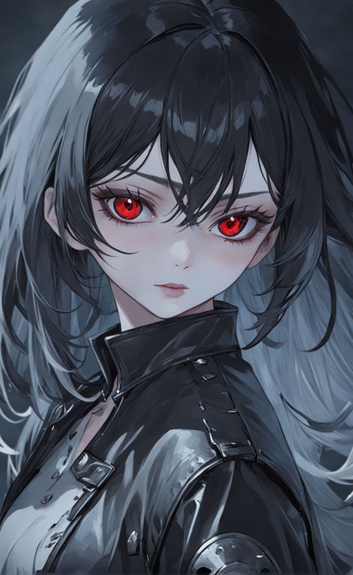 anime girl with long black hair and red eyes