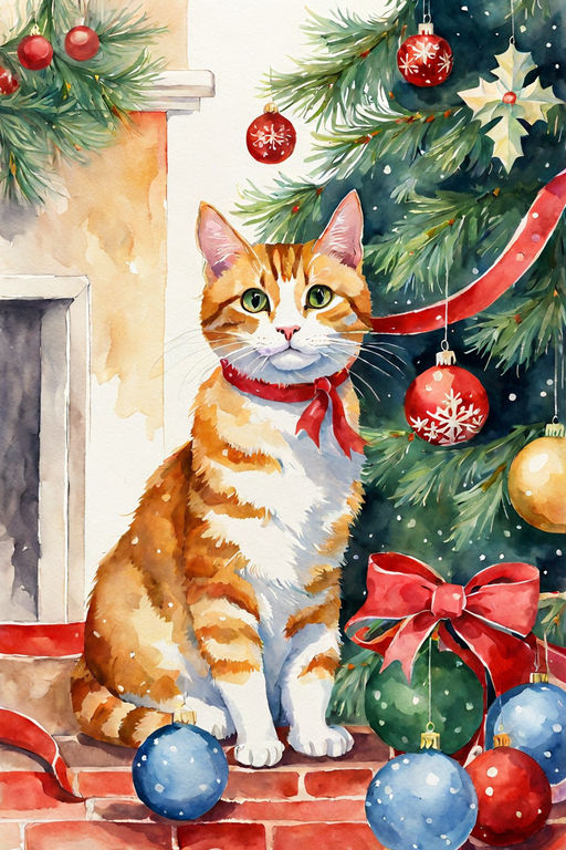 Cat Watercolor Painting with Christmas Background and Intricate Detail ·  Creative Fabrica