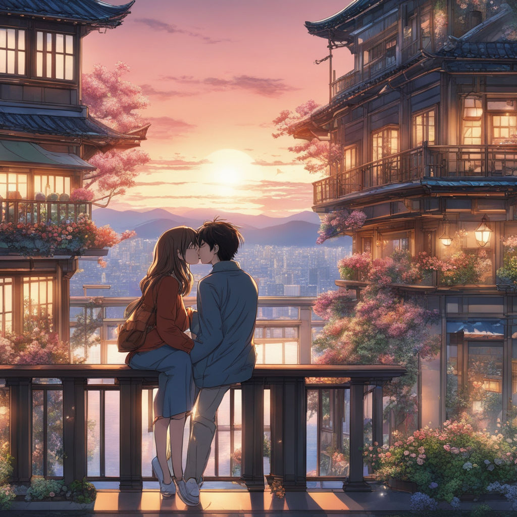 A lovely anime couple that kiss on a bench, Cartoon 