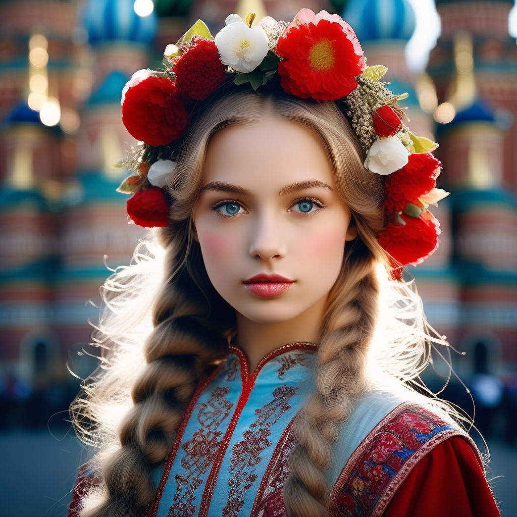 Traditional Russian folk costume, portrait of a young beautiful