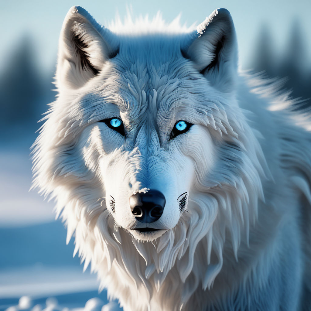 white wolf with blue eyes in snow