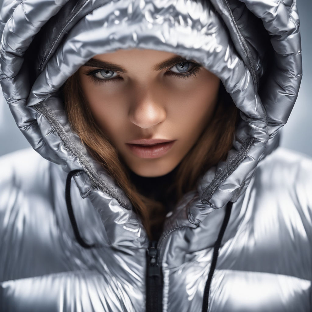 large format film photo of a european model wearing a Louis Vuitton branded  puffer jacket - Playground