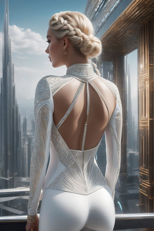 back view. shoulders showing. Intricate sci-fi dress on a young