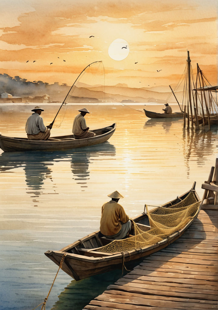 with intricate details visible on the fishing nets and the boats' wooden  planks. The image should also highlight the fisherwomen - Playground